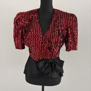 VTG‎ 80s Barbara Chodos Michael Marcella Red Sequin Top Puffy Sleeve Bow Blouse